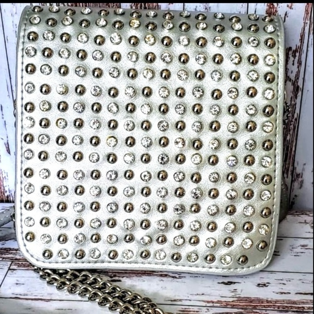 Silver Leather Crystal Rhinestone Studded Mini-Bag